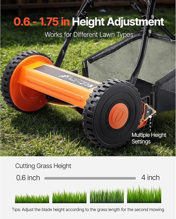 16-Inch Push Reel Lawn Mower, 5-Blade Design, Adjustable Cutting Height from 0.6 to 1.75 Inches, Includes Grass Catcher for Effortless and Even Trimming - Image 3