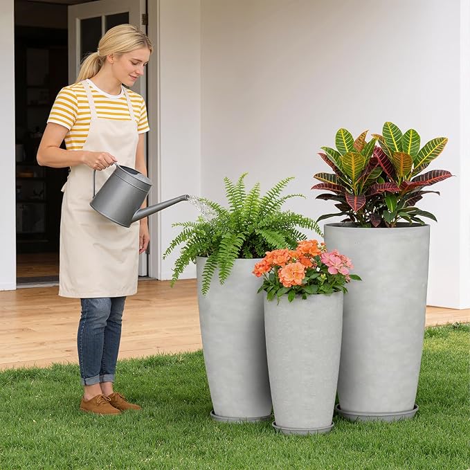 QCQHDU 24, 21, 18 inch Tall Planters for Outdoor Plants, with Drainage Hole & Saucer, Set of 3 Tall Outdoor Planter for Indoor & Outdoor Plants, Modern Home Decor