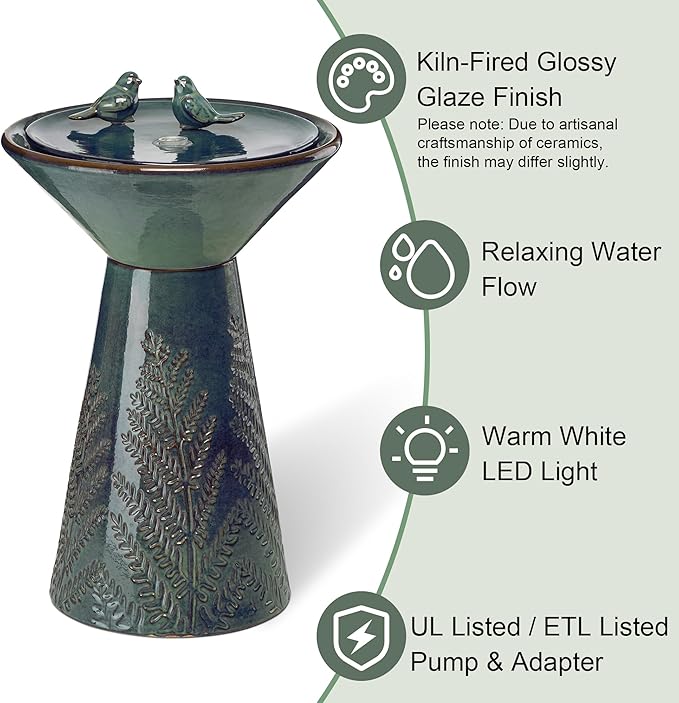 Glitzhome 27.5" H Ceramic Garden Water Fountain with LED Light and Pump Bird Bath Fountain Outdoor Turquoise Embossed Pattern Pedestal Freestanding Water Fountain for Yard Floor Patio Backyard
