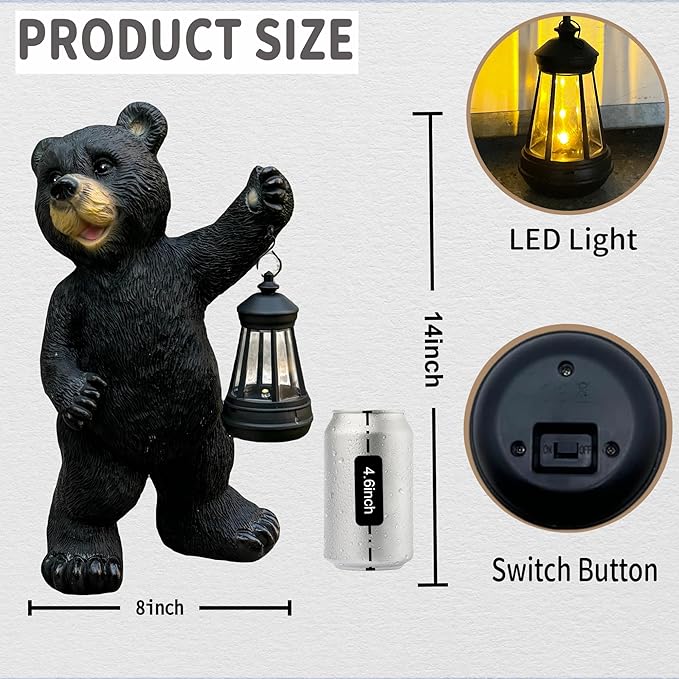 Solar Black Bear Garden Statue with LED Lantern - 14'' Outdoor Resin Animal Sculpture, Auto-On/Off Solar-Powered Waterproof Lawn Decor, 10-12H Long-Lasting Lighting for Patio/Yard/Porch