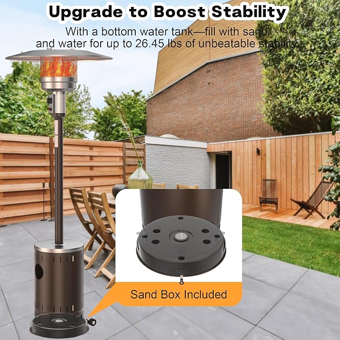 50,000 BTU Patio Heater - Propane Patio Heater with Sand Box, Double-Layer Stainless Steel Burner Space Heater, Outdoor Heaters with Wheels, Used for Garden, Patio and Residential, Brown