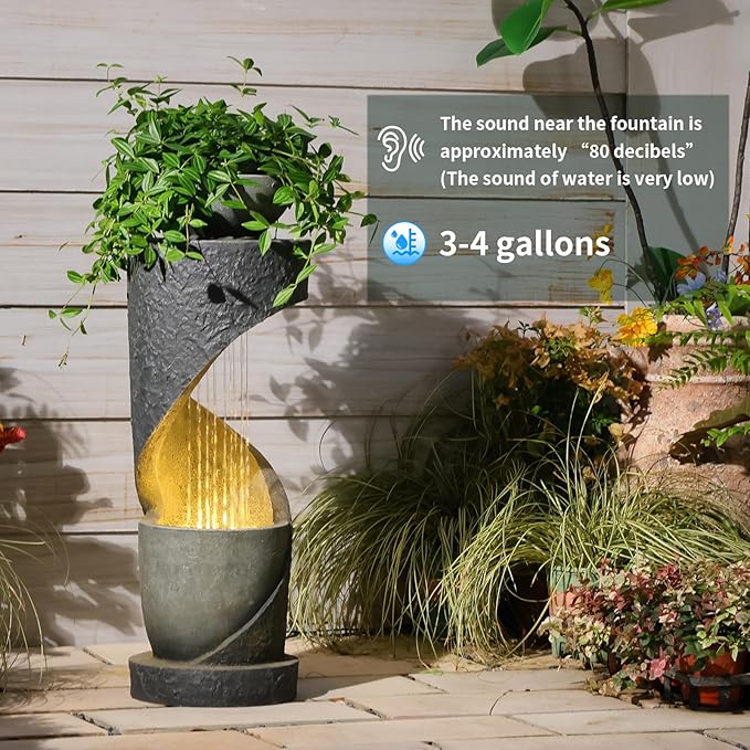 Tiered Outdoor Water Fountain, Modern Spiral Cascading Waterfall Fountain with Planter, Freestanding Resin Indoor Water Feature for Room, Garden, Patio, Deck, 31.5"H with Light Stone-Texture