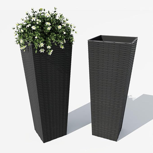 2 Pack Large Planters for Indoor Plants, Outdoor 32 inch Tall Tree Planter with Drainage Holes, Plant Pots for Trees Flowers, All-Weather Use with Removable Insert Bucket for Porch, Patio, Black