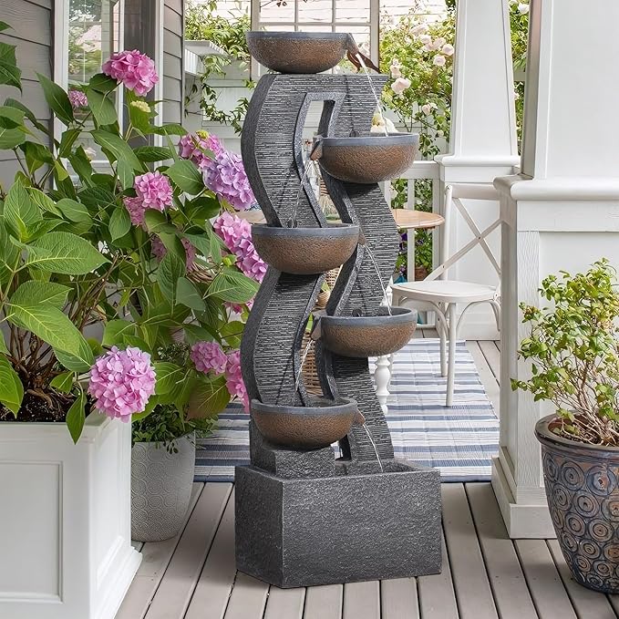 52.8" Tall Outdoor Water Fountain with Lights, 6-Tier Cascading Resin Waterfall Feature for Porch, Garden, Yard, Deck, Patio – Large Freestanding Outdoor Fountain and Waterfall Outside Decor