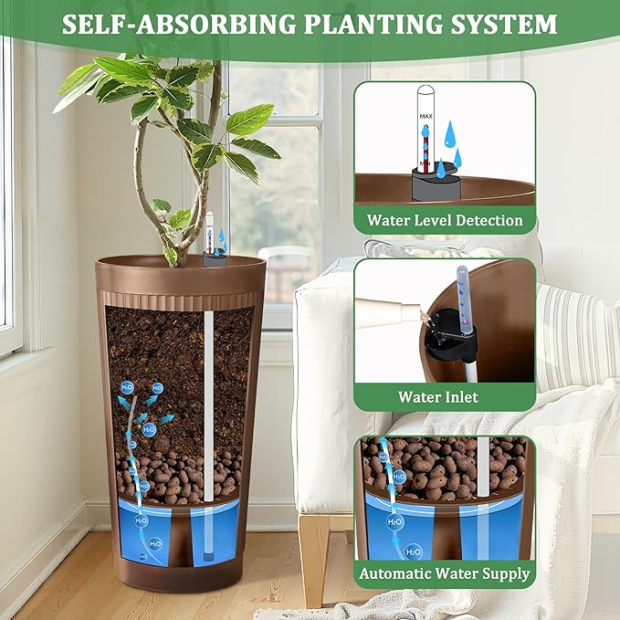 Set of 2 Self-Watering 24in Plastic Round Planters with Vertical Stripe Design – Indoor Outdoor Flower Pots for Plants, Herbs, Small Trees