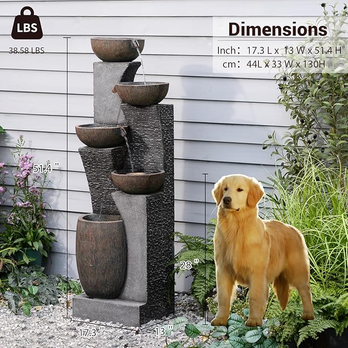 51.6'' H Tall Outdoor Water Fountain, 5-Tier Resin Cascading Crock Bowls with LED Lights, Garden Water Feature and Waterfall for Porch, Deck, Patio, Yard, and Home Décor, Dark Gray