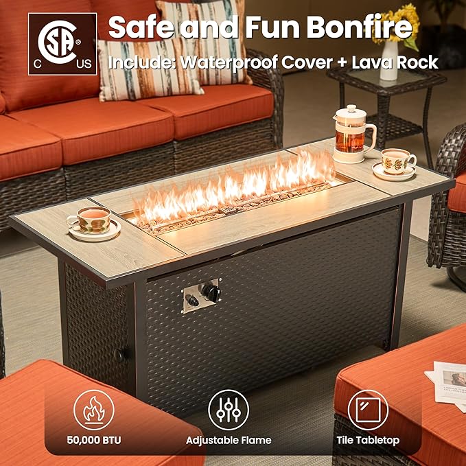 ovios 7-Piece Patio Furniture Set with Swivel Chairs Coffee Table, Outdoor Wicker Sofa with 54" Fire Pit Table, High Back Couch Modern Conversation Sets, Brown/Orange Red