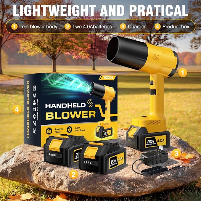 Leaf Blower Cordless, Handheld Leaf Blower with 2 X 4.0Ah Battery and Charger, Snow Blower with 6 Speed Modes, Lightweight Blowers for Lawn Care, Patio, Yard, Blowing Snow, Leaves, Dust-Yellow - Image 6