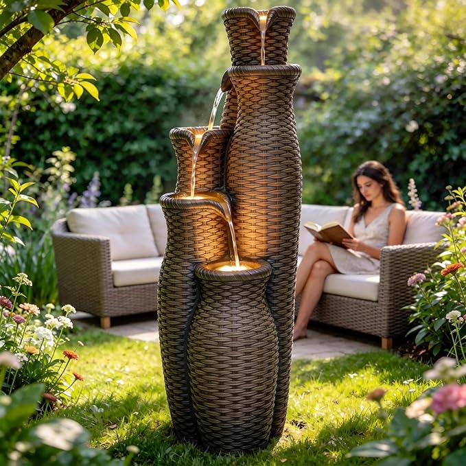 Wicker-Look Outdoor Water Fountain with Lights, 33" Tall 5-Tier Rattan Vase Cascading Waterfall Feature with Soothing White Noise for Patio Garden Backyard Porch Decor & Relaxation