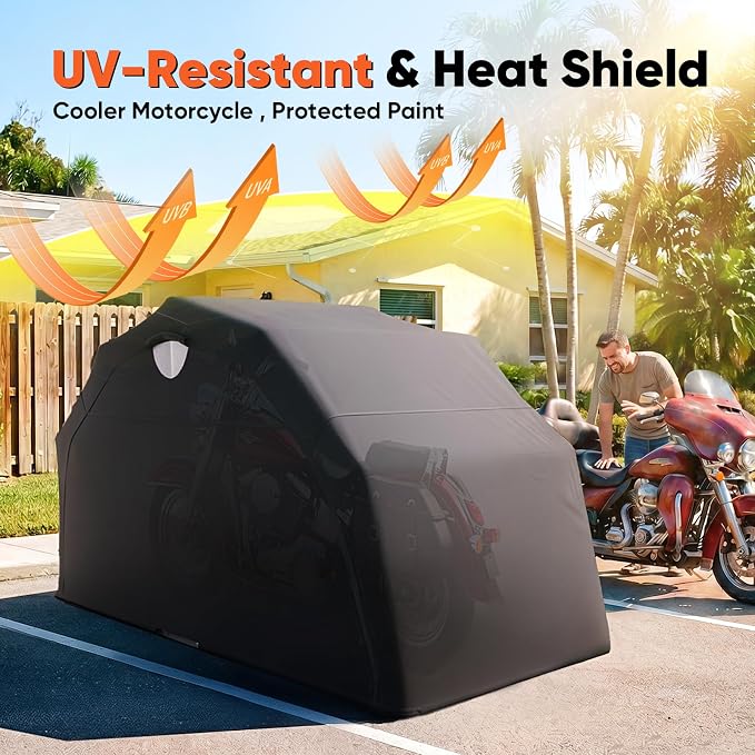 Quictent 136"x 54" Motorcycle Garage Storage Pod Shelter Hard Shell with Code Lock & Carry Bag Heavy Duty Motorcycle Tent with 2 Roll-Up Side Windows - Black - Image 4