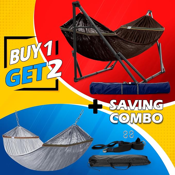 Tranquillo Combo x2 Hammocks with Stand for Outside & Tree Straps, Heavy Duty Hammock with Stand 600lbs for Indoor Outdoor Patio Backyard, x2 Hammocks for 2 Person (Combo - Brown, Medium) - Image 2