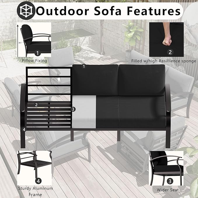 Patio Furniture Set 6-Piece Aluminum Armrest Sofa, All-Weather Patio Conversation Set with Tempered Glass Top Table & Removable Sponge Cushions for Backyard Poolside