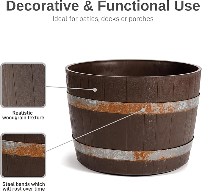 RTS Home Accents 100% Recycled Polyethylene 18 inch Heavy Duty Better Barrel Planter with Rusting Steel Bands, Walnut Color (Pack of 2)