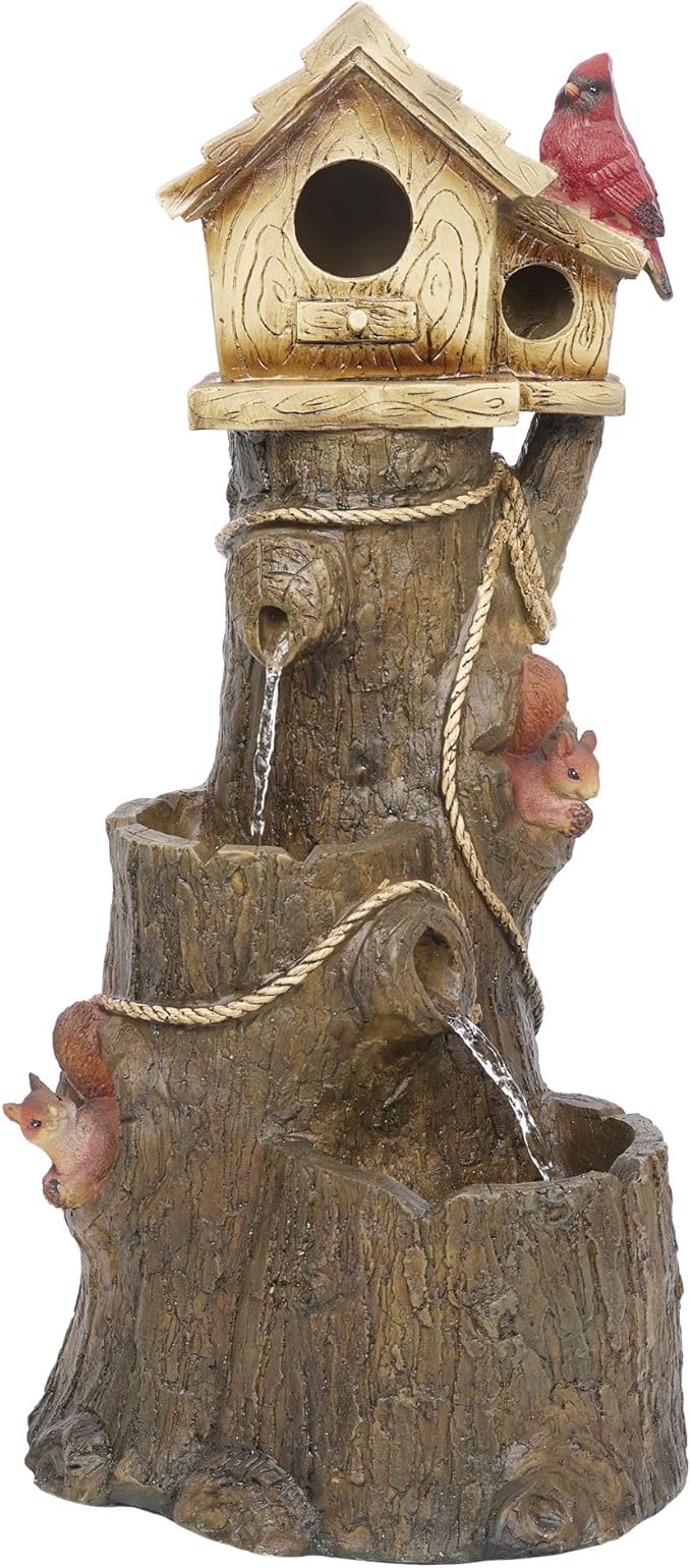 Alpine Corporation ZEN552 Outdoor Multitiered Birdhouse with Cardinal and Squirrels Water Floor Fountain for Patios, Gardens, and Yard Decor, 24" H, Brown