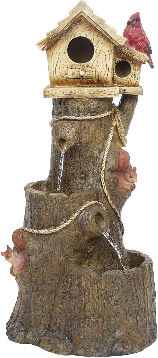Alpine Corporation ZEN552 Outdoor Multitiered Birdhouse with Cardinal and Squirrels Water Floor Fountain for Patios, Gardens, and Yard Decor, 24" H, Brown