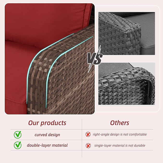 HOMREST 5 Piece Outdoor Patio Furniture Set-360 Wicker Swivel Chairs Set of 2 w/ 2 Ottoman, Coffee Table & Cushions Patio Bistro Set for Garden, Balcony (Wine Red)