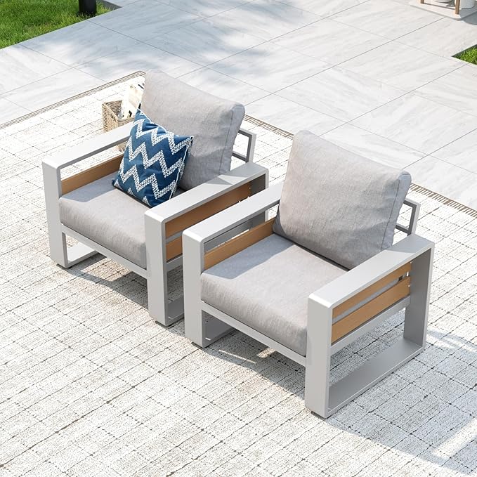 Aoxun Aluminum Patio Furniture Set, 2 Piece Luxury Outdoor Sectional with 6" Olefin Fabric Cushions, Patio Conversation Sets with Coffee Table Outdoor Sofas for Backyard, Porch Grey