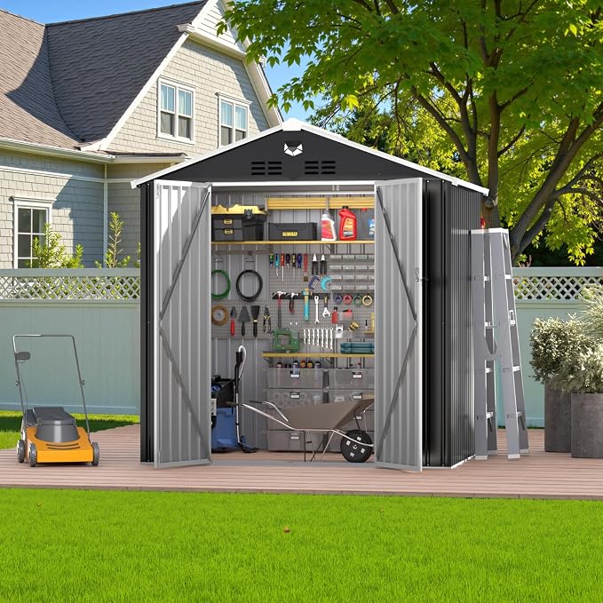 8X6 FT Outdoor Storage Shed, Metal Garden Shed, Storage Tool Sheds with Lockable Doors, Waterproof Outside Storage Building for Backyard, Patio (Black; Floor Not Included) - Image 9