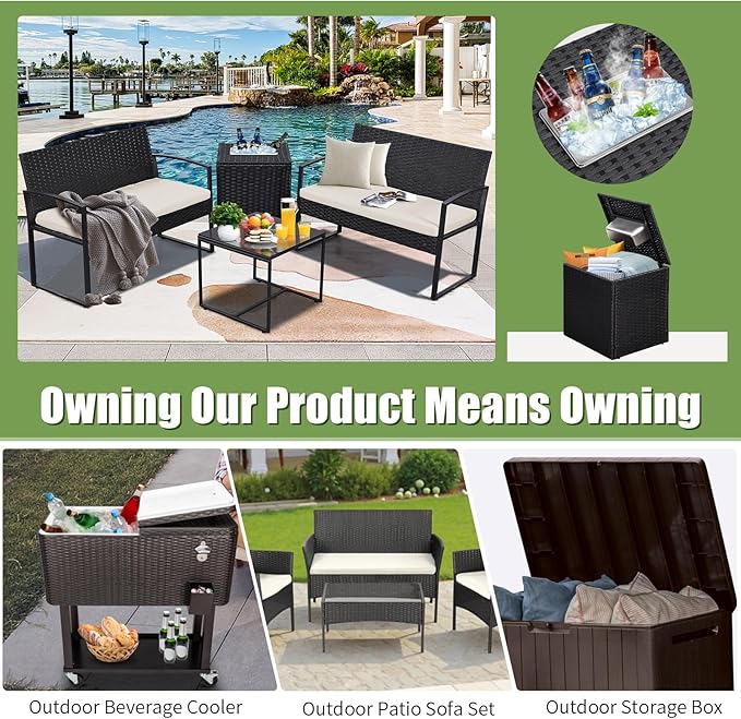FHFO 5 Piece Outdoor Patio Furniture Set with 28”Gas Fire Pit Table & Ice Bucket Storage Box, Outdoor Wicker Rattan Patio Conversation Set for Outside, Poolside, Balcony, Porch, Black-Beige
