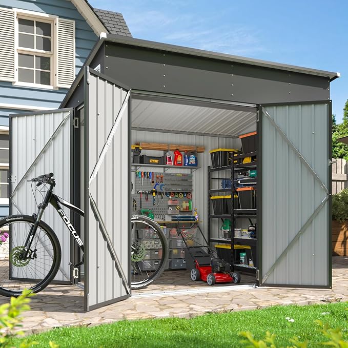 Aoxun 7'x4' 3-Lockable Door Metal Storage Shed, Metal Outdoor Garden Shed - Elevated Height & Sloped Roof Design for Bicycle, Tool, Snow Blower Storage (Black) by Aoxun