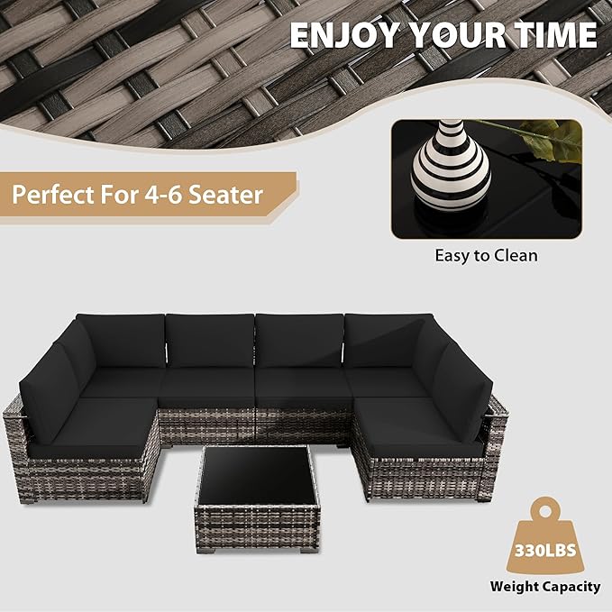 KIGOTY Patio Furniture Set,7 Pieces Modular Outdoor Sectional Sofa, PE Rattan Patio Conversation Set, All Weather Wicker Patio Furniture with Cushions and Coffee Table（Beige Black/Black）