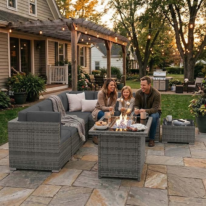 10 Pieces Patio Furniture Set with 44" Propane Gas Fire Pit Table, Outdoor Sectional Wicker Conversation Sofa Sets with Coffee Table
