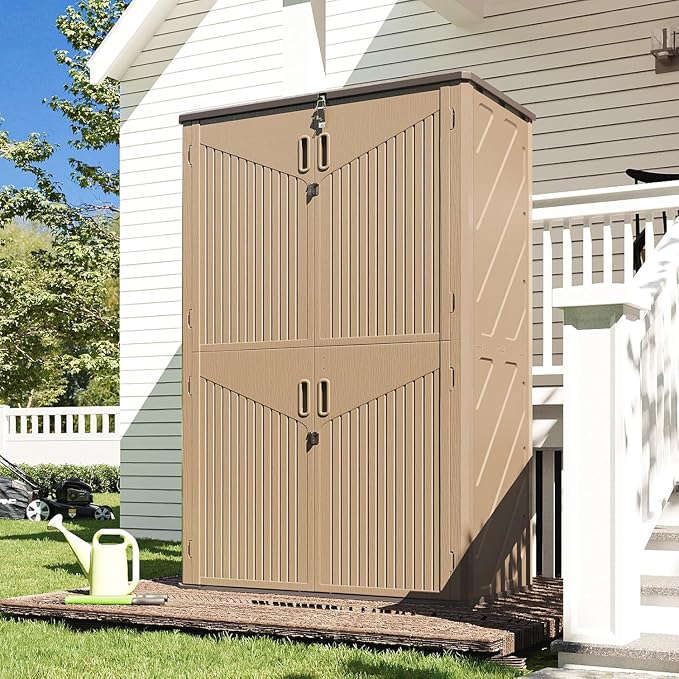 Aoxun Outdoor Storage Shed, 64 Cu.Ft Vertical Storage Sheds Outdoor with Floor, Outdoor Waterproof Storage Cabinet for Garage Storage, Pool Storage (Brown) - Image 4