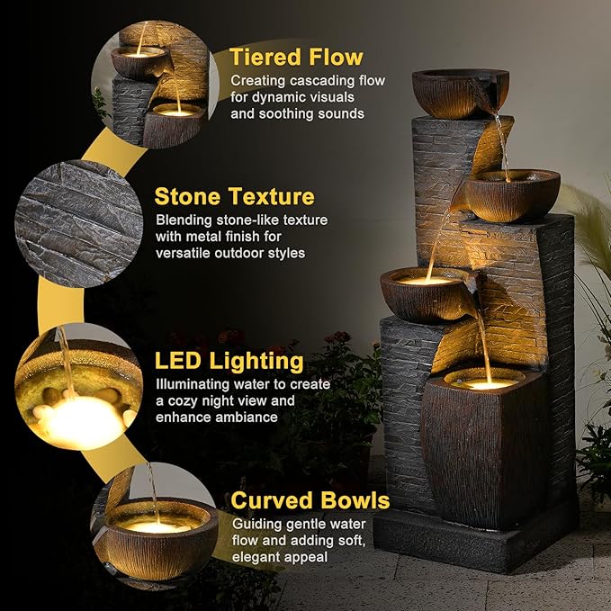 38.2" Tall Outdoor Water Fountain,Stone Texture Modern 4 Tiers Cascading Bowls Garden Fountains Outdoor,Suit for Patio, Deck, Porch, Lawns, Backyard and Home Art Decor