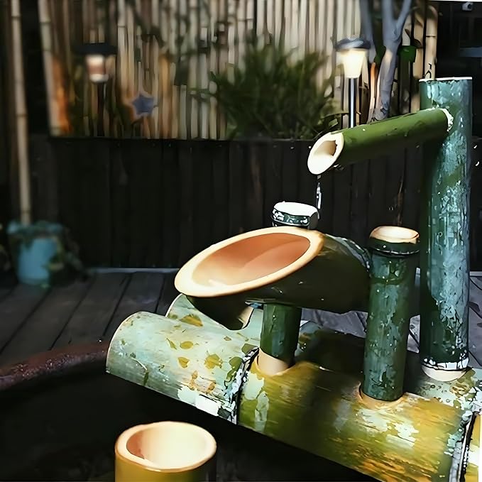 Powered Bamboo Water Fountain, Fountain Japanese Garden Waterfall Nozzle Outdoor 100% Handmade, Decor，