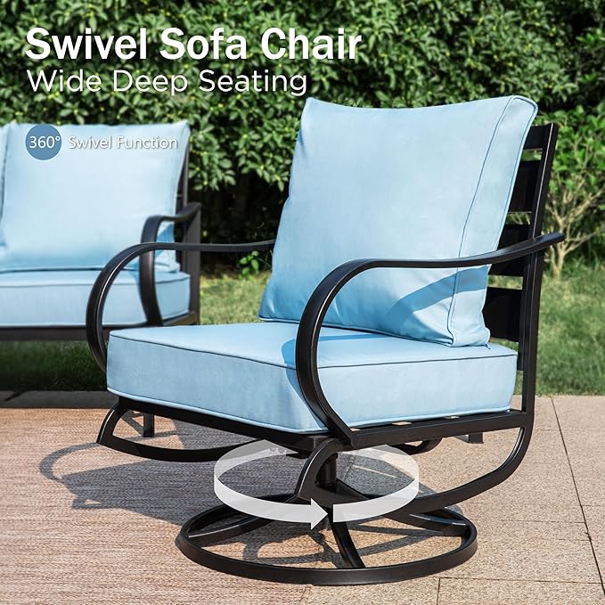PHI VILLA 6 PCS Patio Furniture Sets with 1 x 3-Seat Bench, 2 x Swivel Cushioned Sofa Chairs, 2 x Leg Sofa & 1 x Coffee Table, Outdoor Conversation Set for 7 Person, Light Blue