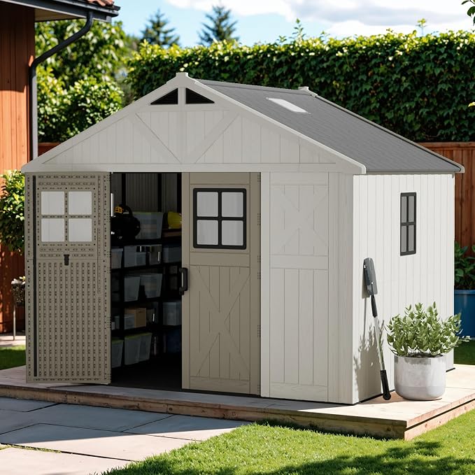 Devoko 10x8 FT Resin Outdoor Storage Shed with Floor, Plastic Tool Garden Shed with Windows & Lockable Door, Outside Large Storage Shed for Patio Backyard Lawn, Beige - Image 7
