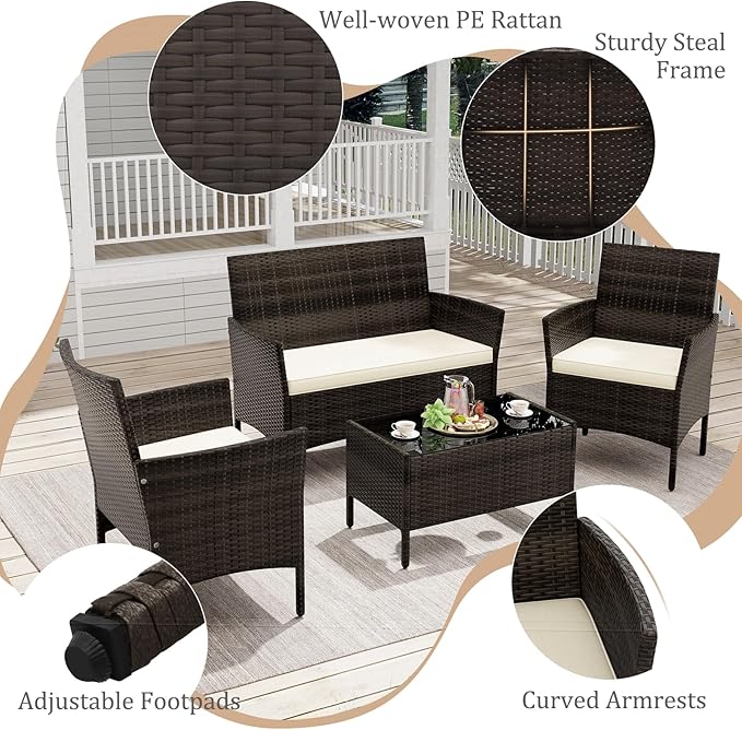 KOTEK 8 Piece Patio Furniture Set, Outdoor Rattan Conversation Set with Loveseat, Wicker Chairs, Tempered Glass Coffee Table, Wicker Patio Set for Backyard, Porch (Beige)