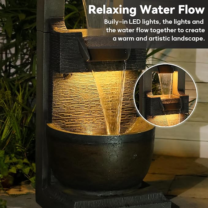 39" H Modern Indoor Fountain with LED Lights and Pump, 3-Tier Standing Cascading Waterfall - Modern Design for Garden/Patio/Yard, Multi-Level Outdoor Decor 15“x14”x39“(Brown)
