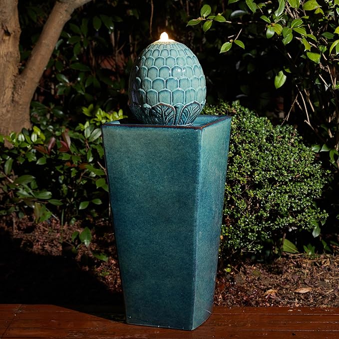 Glitzhome 35.75" H Tall Ceramic Outdoor Water Fountain with LED Light Oversized Artichoke Pedestal Fountains with Submersible Pump Patio Fountain Waterfall for Garden Patio Deck Porch, Turquoise