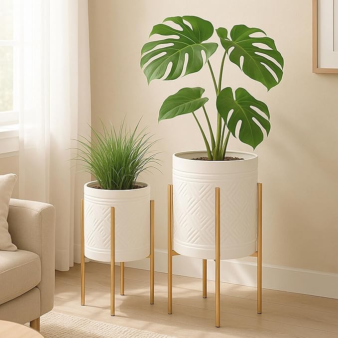 Decorative Flower Pots with Metal Stand for Home Decor - Modern Planters for Hallway, Entryway, and Living Room Decor - Indoor and Outdoor Pots for Plants - Set of 2, 23", 19", White & Gold