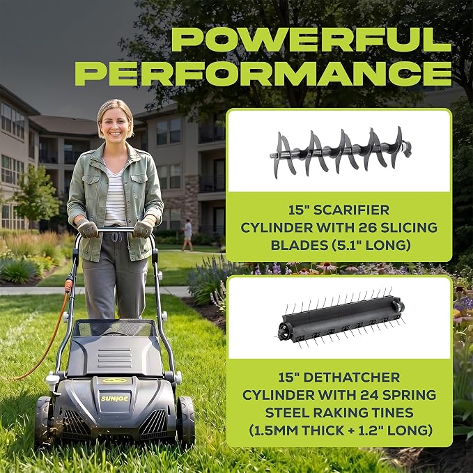 Sun Joe 15-Inch Electric Powered Lawn Dethatcher with Scarifier Blade Reel and Collection Bag - 13-Amp Corded Yard Power Rake Tool Machine for Grass Thatch Removal, AJ805E - Image 7