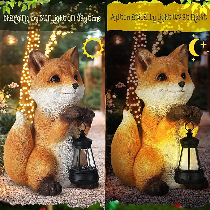Thyle Fox Statue for Garden with Solar Power Light Garden Statue for Outdoor Patio Porch Lawn Yard Fox Decor Sculpture Summer Gardening Gifts for Women Mom Grandma Oudside Indoor Shelf Decoration