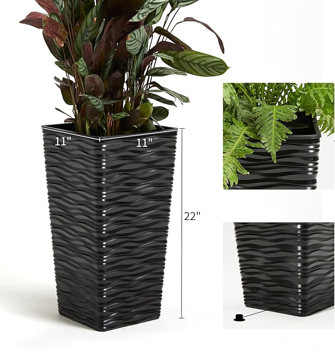 Worth 2 Pack 22" Tall Plastic Square Tapered Planter with Inside Pots for Indoor or Outdoor Use, Modern Wavy Finish for Front Porch or Deck, Black