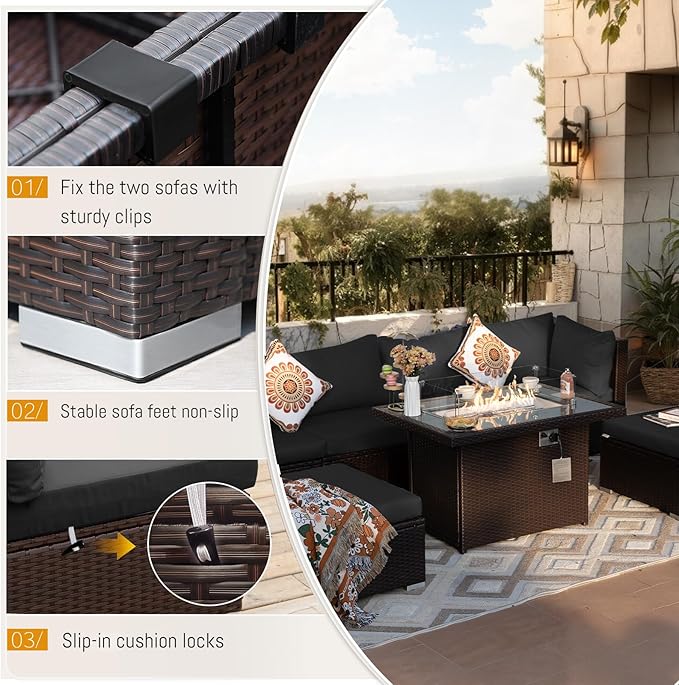 BULEXYARD 13 Piece High Back Wicker Patio Furniture Sets with Fire Pit, Elegant Oversized Outdoor Seating Set Modular, Comfy Extra Deep Wide 12-Person Sectional Couch Sofa for Backyard, Brown & Black