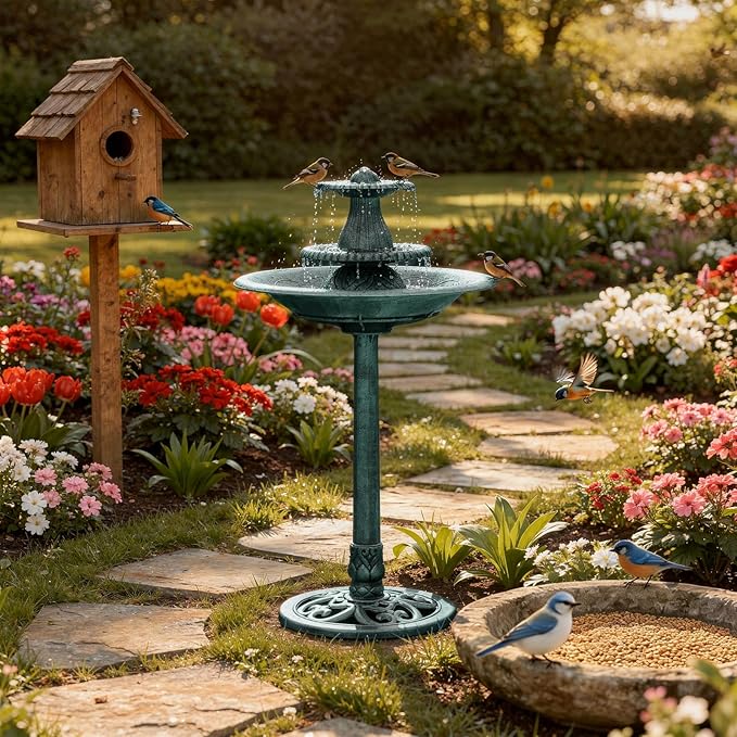 Magshion 37" Tall 3-Tier Outdoor Water Fountain, Pedestal Bird Bath for Outside, Cascading Water Feature and Birdbath for Garden, Patio, Deck, and Backyard, 1.3-Gallon (5L) Capacity, Green