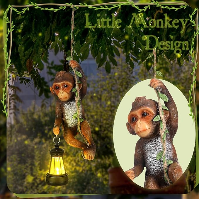 Solar Light Outdoor Monkey Statues Brown 7.48 Inch Resin Chimpanzee Baby Monkey Climbing on Vine with LED Lantern Waterproof Hanging Figurine with Hook for Yard Garden Wall