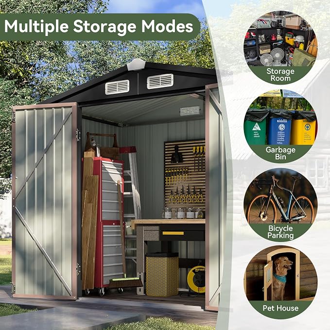 Aoxun 6.2x4 FT Shed Outdoor Storage Shed with Lockable Doors & Slooping Roof Metal Garden Tool Shed for Backyard, Patio, Poolside (Brown) - Image 8