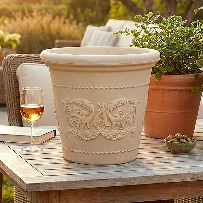 Sunnydaze 19.5-Inch Arabella Large Plastic Pot for Plants - Outdoor Double-Walled Polyresin Large Plastic Planter with Drillable Drainage Holes - Antique White