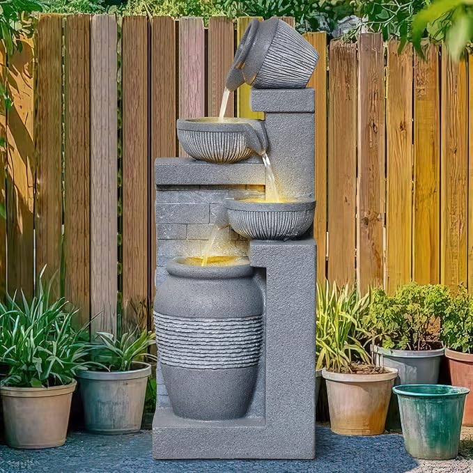 31.89" Outdoor Garden Water Fountain with Lights 4 Tiers Cascading Large Waterfall Floor Standing Fountain for Patio, Backyard, Deck, Porch and Home Art Decor