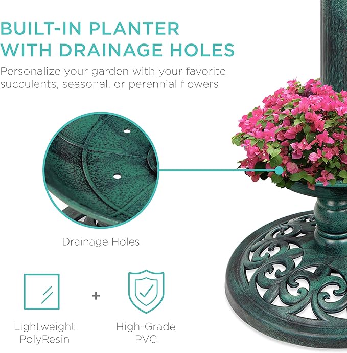 Best Choice Products Outdoor Solar Lighted Pedestal Bird Bath Fountain Decoration w/Planter, Integrated Panel, Scroll Accents for Lawn, Garden - Green