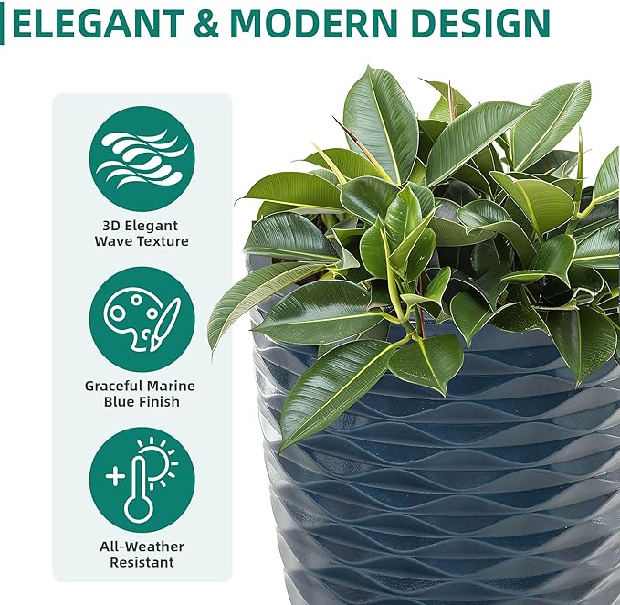 19" H Coastal Planter for Indoor/Outdoor Plants, Set of 2 Large Flower Pot with Drainage Hole, Weather/UV Resistant Resin Planters for Garden Patio Porch Home office Decor, Glossy Navy Blue Wavy