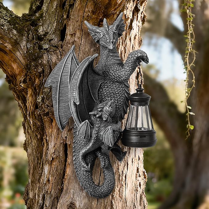 Solar Garden Decor Dragon Tree Hugger Statue | Outdoor Lawn Ornament with LED Light for Yard, Patio, Balcony | Unique Fantasy Dragon Figurine Gift for Women, Mom, Grandma