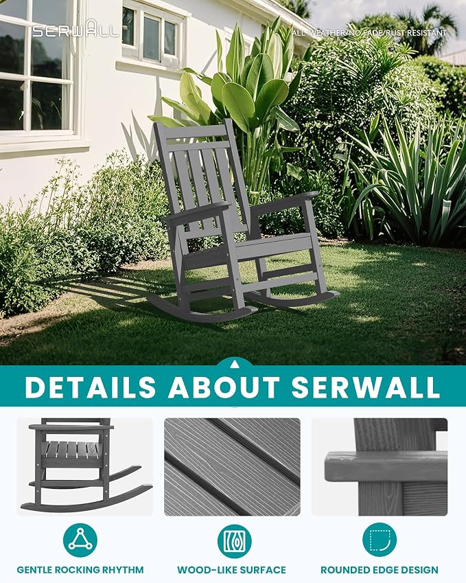 SERWALL Oversized Outdoor Rocking Chair Set of 4, HDPE Rocker for Adults, Patio Rocking Chairs for Porch, Grey - Image 4