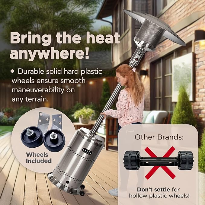 Fire Sense 01775 Performance Series Patio Heater With Wheels 50,000 BTU Output Electronic Ignition System Portable Outdoor Propane Heater - Unpainted Stainless Steel