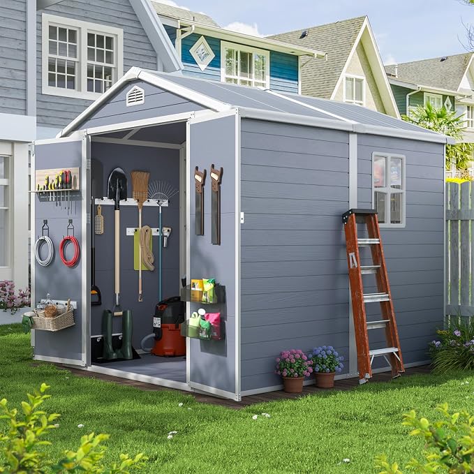 Aoxun 6x8 FT Outdoor Storage Shed, Plastic Garden Resin Shed with Floor and Window for Patio, Lawn, Outdoor Storage with Lockable Door for Bike, Tools, Garbage Can, Grey - Image 7